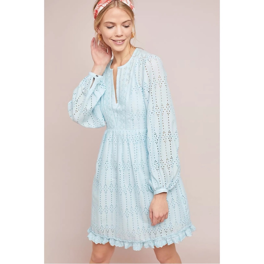 Anthropologie Eyelet Lace Long Sleeve Babydoll Mini Dress in Light Blue